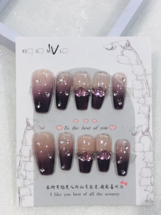 Handmade Manicure - 3D French Manicure Taro Purple Patch with Diamond - Medium Size