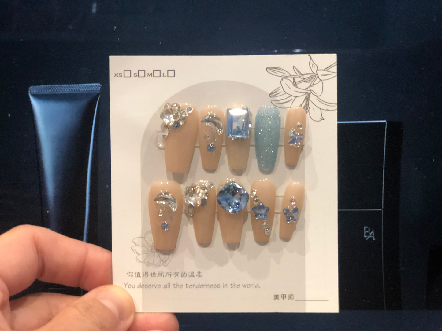 Handmade Manicure - 3D Frozen Style with Blue & White Diamonds  - Medium Size