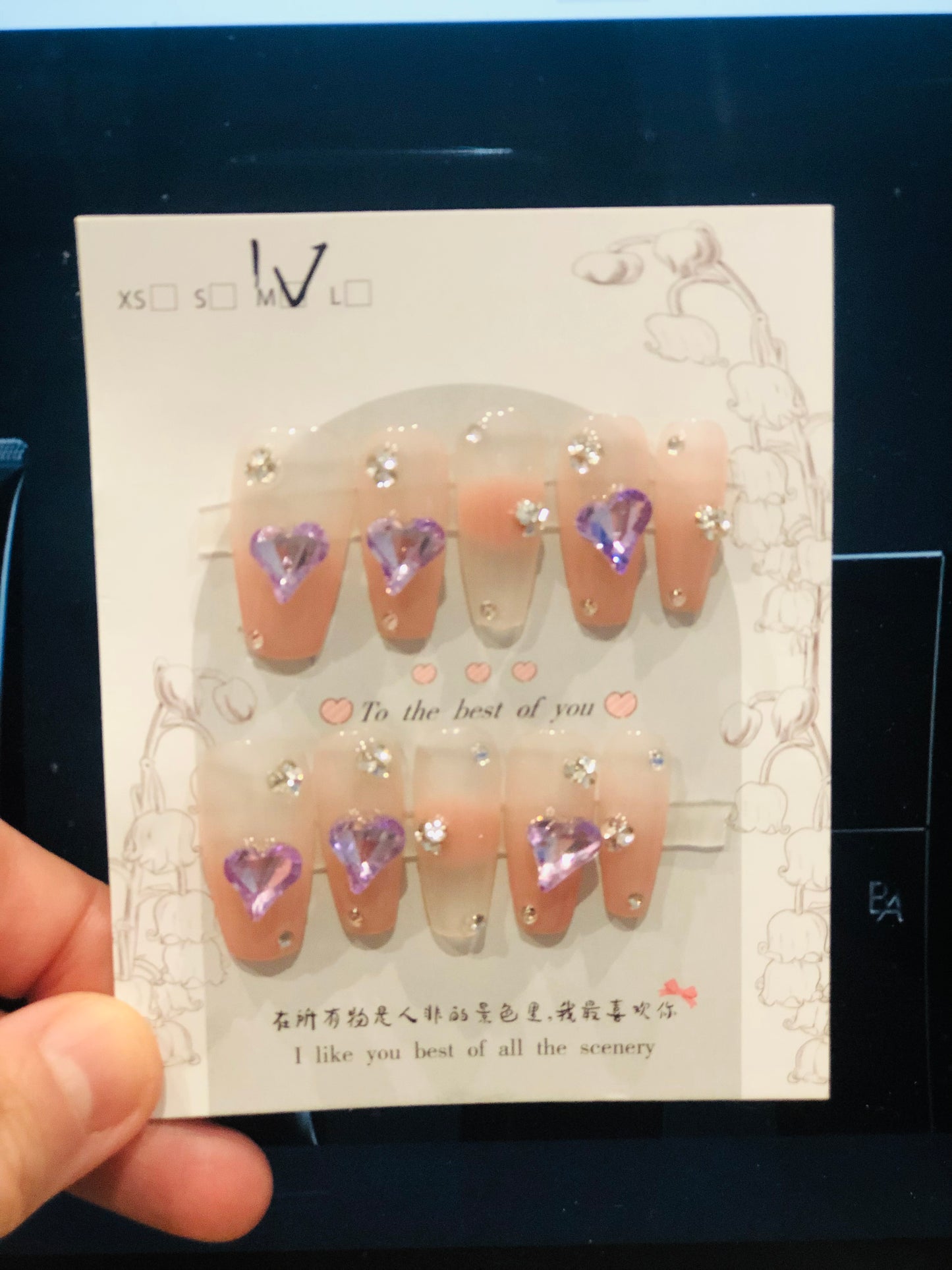 Handmade Manicure - 3D Sakura Color with Purple Love Diamonds